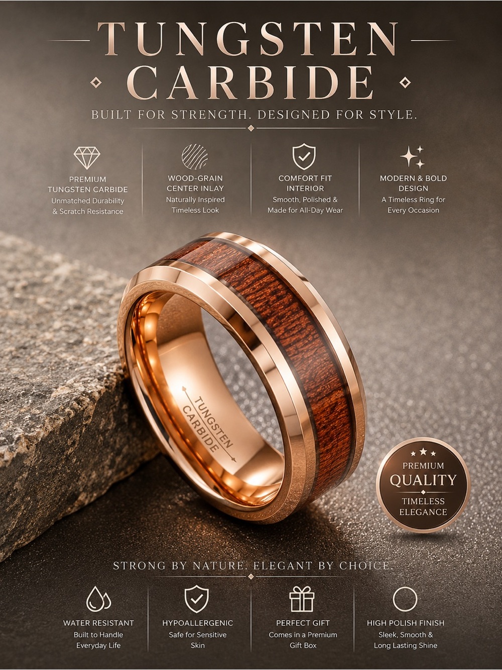 Tungsten Band Rose-Gold with Hawaiian Koa Wood Inlay – Men’s Ring Band SZ: 12.5